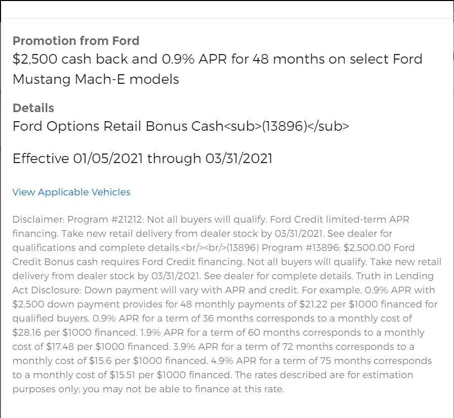Ford Mustang Mach-E Current financing rebates and incentives? 1611888738302