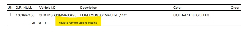 Ford Mustang Mach-E Delivery Receipt shows Special Use Contamination Damage MissingRemot