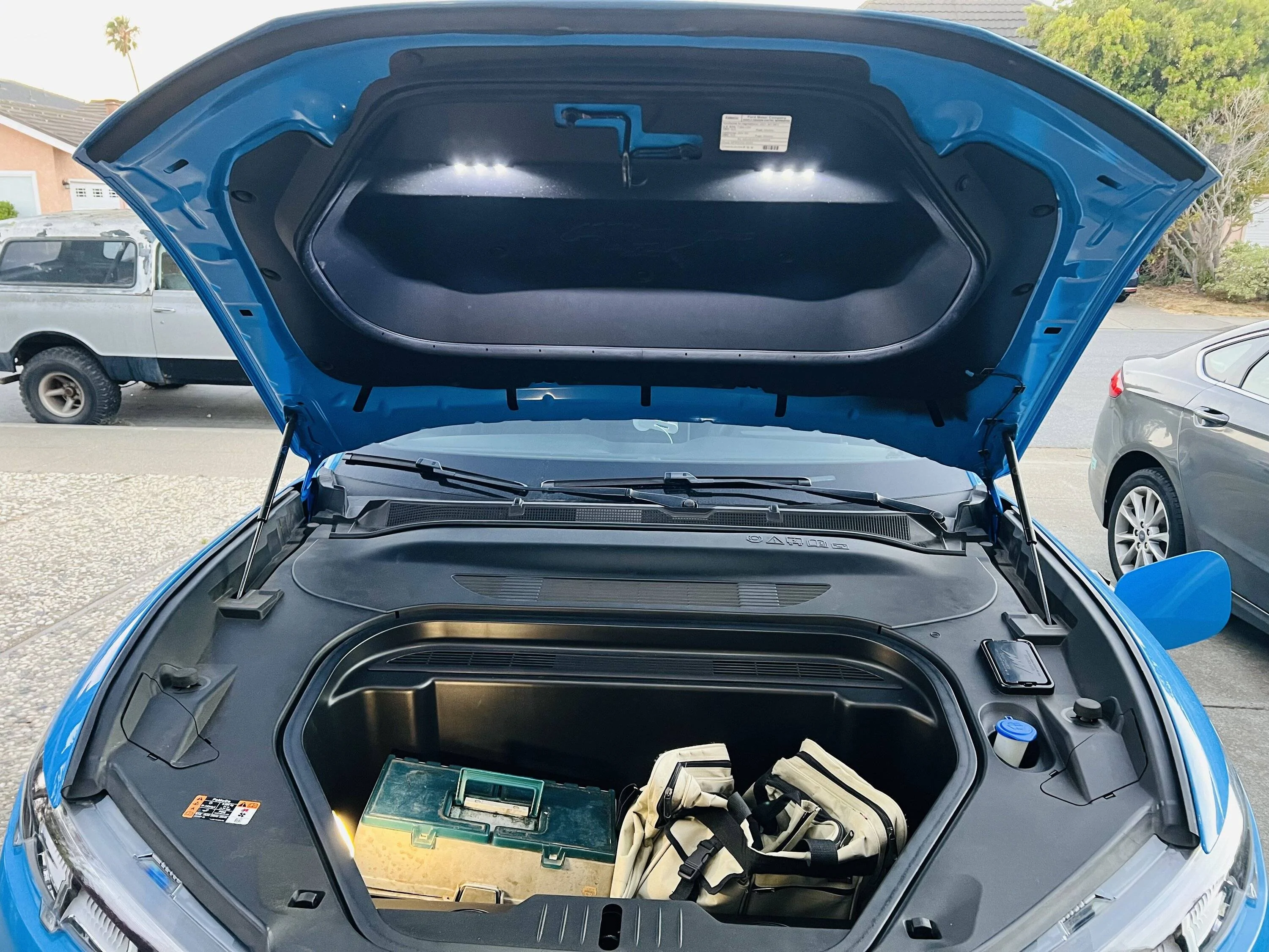 Ford Mustang Mach-E Frunk Lighting Installed -- Mounted LED lighting kit to frunk lid liner IMG_4766