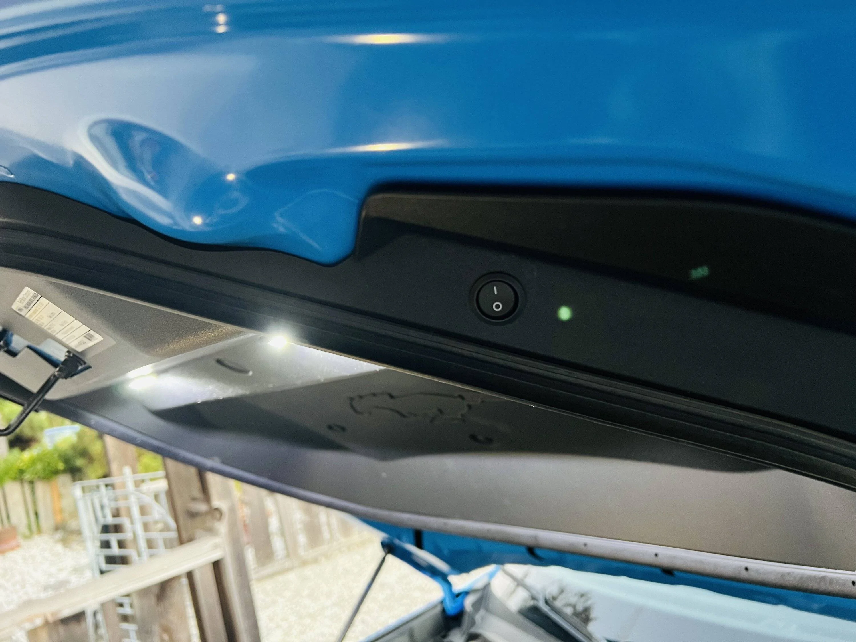 Ford Mustang Mach-E Frunk Lighting Installed -- Mounted LED lighting kit to frunk lid liner IMG_4767