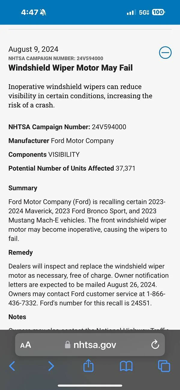 Ford Mustang Mach-E Recall: Windshield Wiper Motor May Fail (Notice Date: 8/9/24) IMG_0748