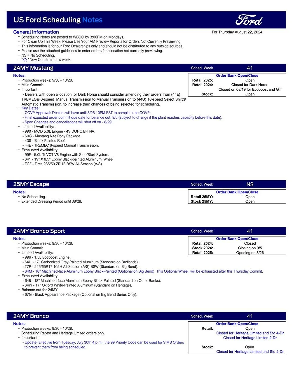Ford Mustang Mach-E 2024 Mach-E Scheduling This Week (8/22/24) for Production Weeks 9/30 - 10/28 US Ford Scheduling Notes - 8.19.24-1
