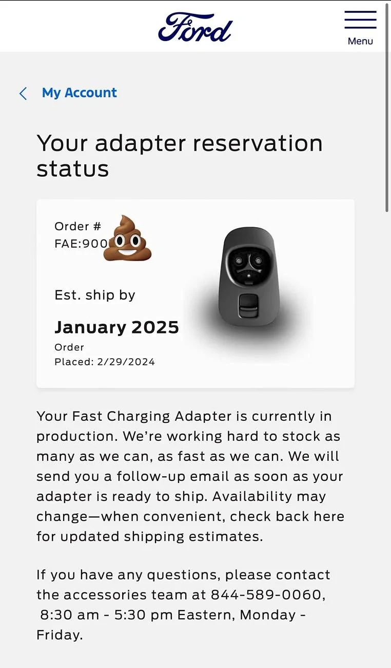Ford Mustang Mach-E NACS adapter expected delivery date IMG_5612