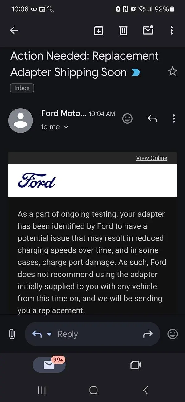 Ford Mustang Mach-E Email from Ford: Tesla NACS Replacement Adapter Shipping Soon Screenshot_20241018_100641_Gmail