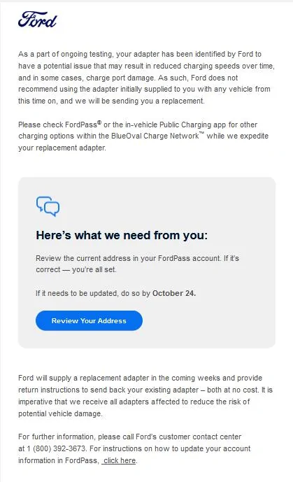 Ford Mustang Mach-E Email from Ford: Tesla NACS Replacement Adapter Shipping Soon Captur