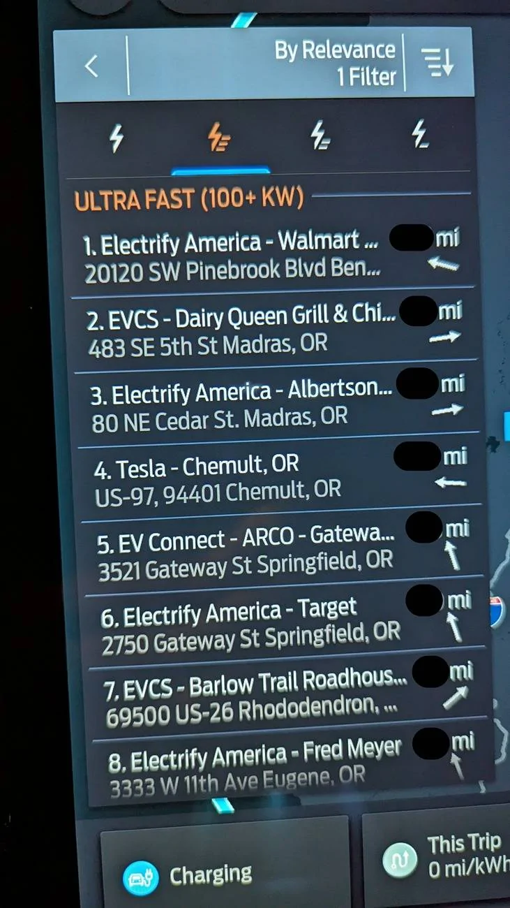 Ford Mustang Mach-E In-car navigation shows (some) compatible Tesla Superchargers now nav-charger-list
