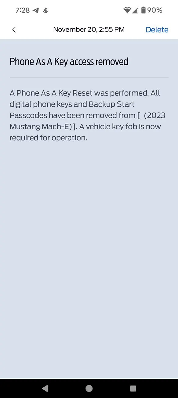Ford Mustang Mach-E Inexplicably phone as a key reset leaving me stranded miles away from home Screenshot_20241122-072813