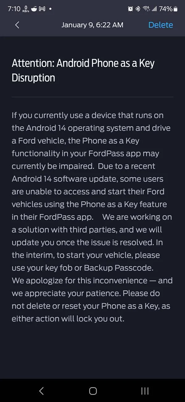 Ford Mustang Mach-E Dec '24 Android Update - Bluetooth Connection Problems Screenshot_20250109_071018_FordPass