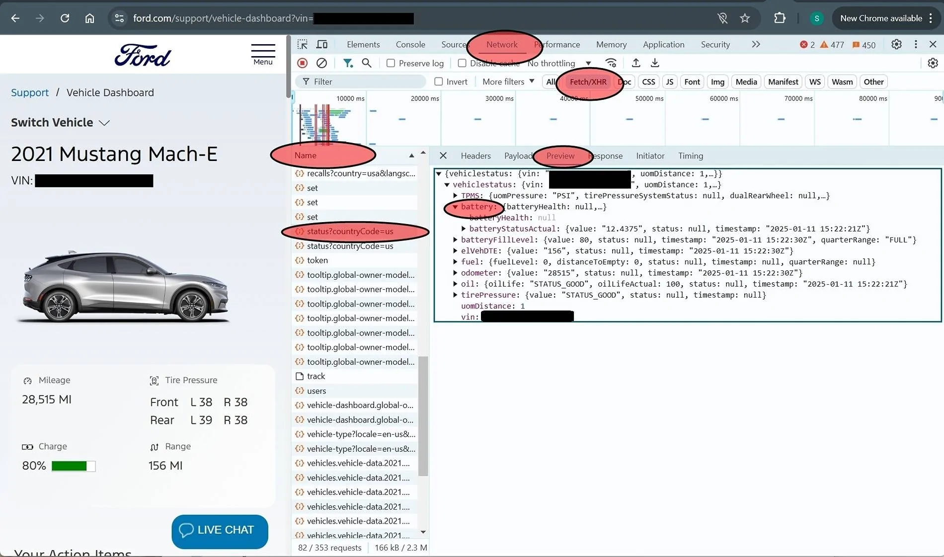 Ford Mustang Mach-E Remotely Accessing LV Battery Voltage from Ford.com with Chrome Browser LVB Status 2