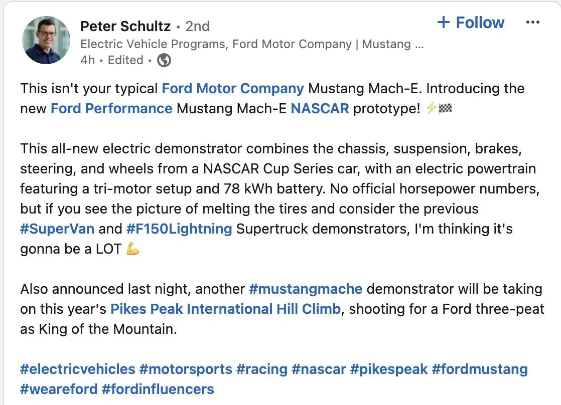 Ford Mustang Mach-E MACH-E NASCAR Race Car Prototype first look MachE Nascar Peter Schultz post