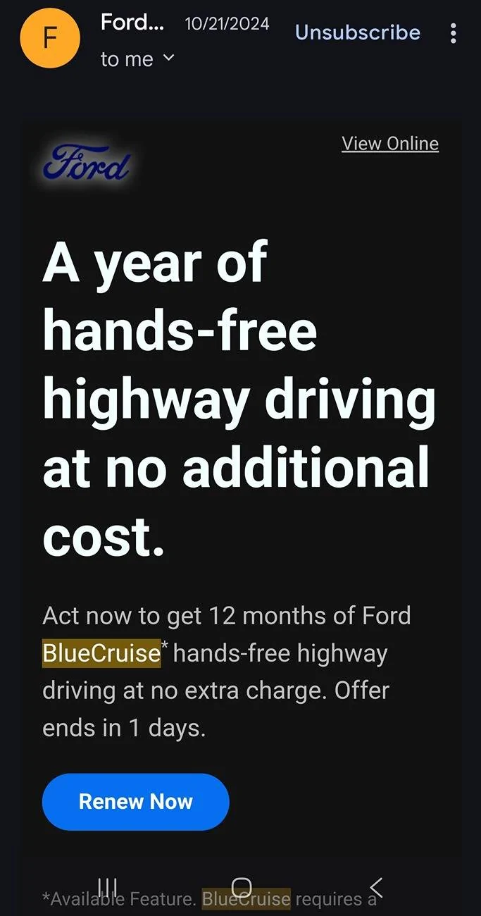 Ford Mustang Mach-E Free year of Blue Cruise Screenshot_20250216_094358_Gmail