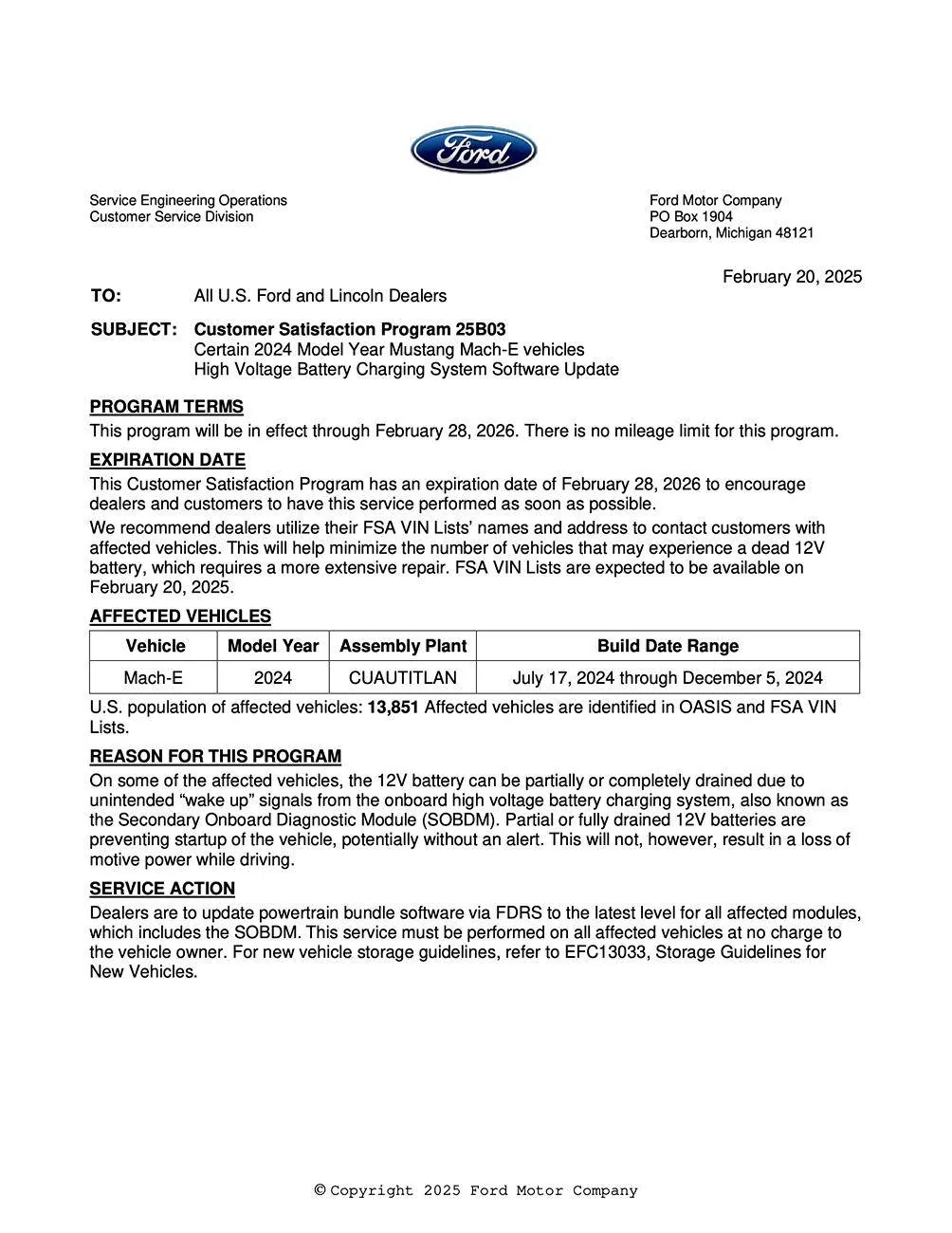 Ford Mustang Mach-E Customer Satisfaction Program: 25B03 Certain 2024MY 12v battery full or partial drain 25B03_Dealer_Bulletin_P1