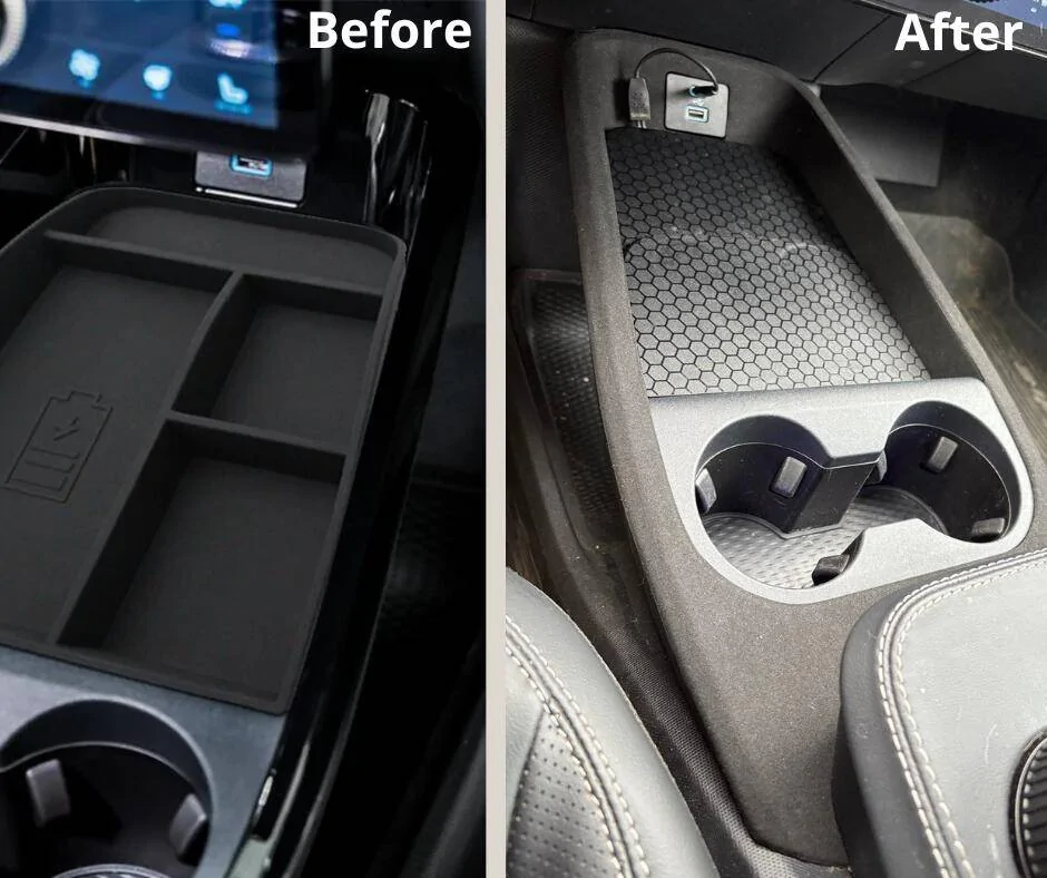Ford Mustang Mach-E New product for Mach-E interior: leather cover lid for middle console Before (1)