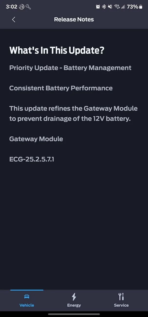 Ford Mustang Mach-E ECG-25.2.5.7.1 Update - Consistent Battery (LVB) Performance - to prevent 12V battery drain Screenshot_20250317_150252_FordPass