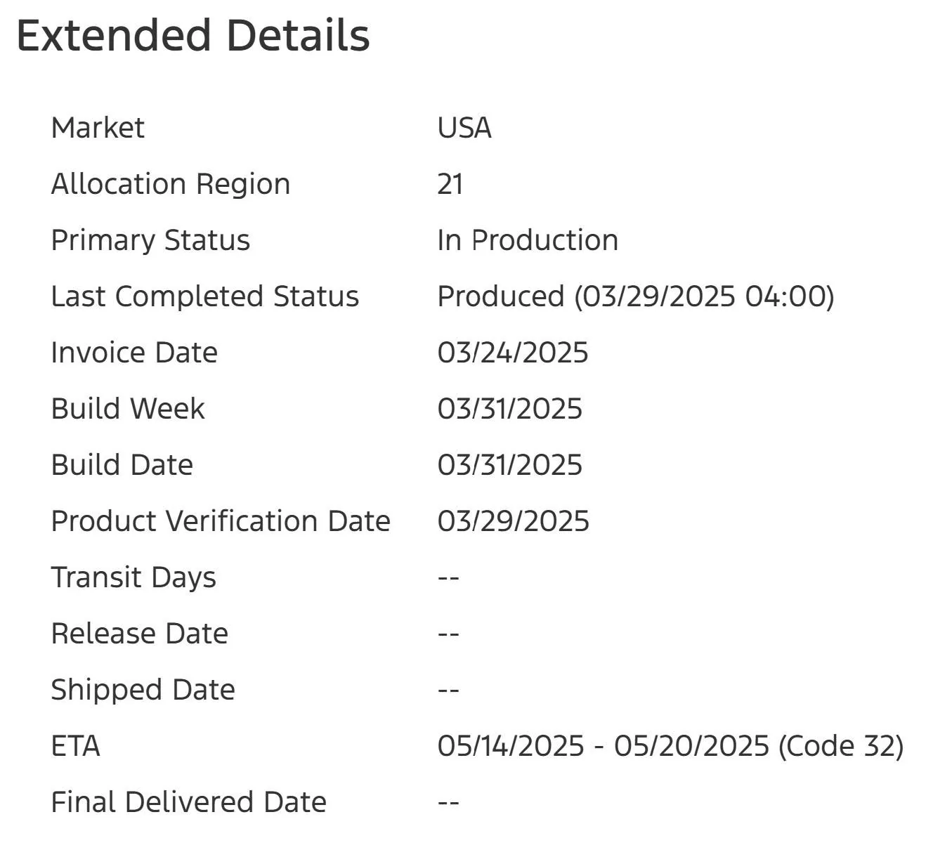 Ford Mustang Mach-E List of 2025 Orders and Times Screenshot 2025-03-31 143538