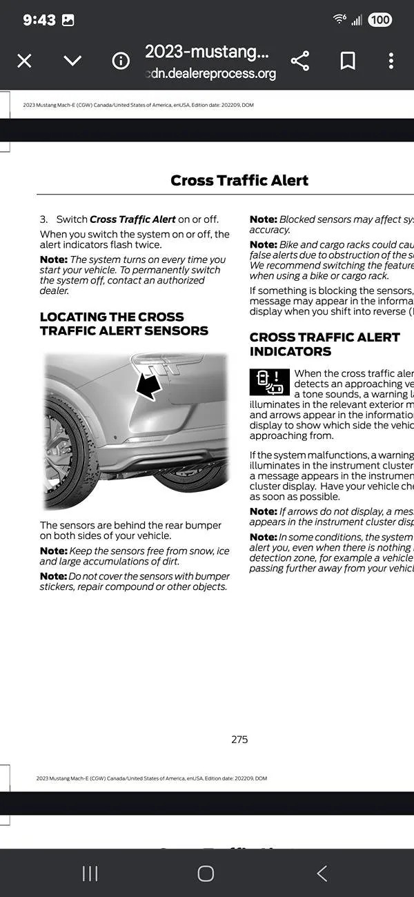 Ford Mustang Mach-E Blindspot detection error. Screenshot_20250430_094323_Chrom