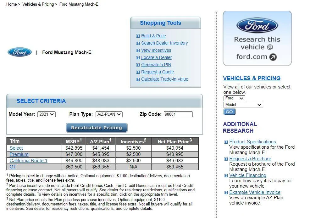 Ford Mustang Mach-E A, Z, X plan discount pricing for Mach-E a-plan