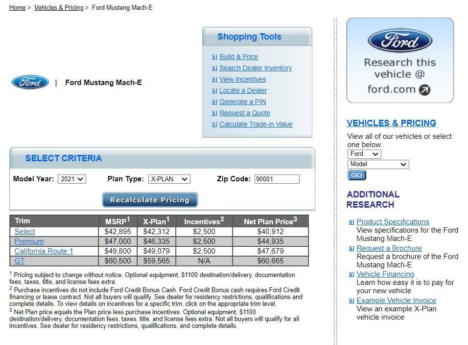 Ford Mustang Mach-E A, Z, X plan discount pricing for Mach-E xplan