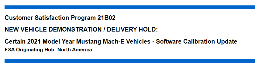 Ford Mustang Mach-E FSA Field Service Action No. 21B02 (Recall?) -- "Software Calibration Update" 1613088000617
