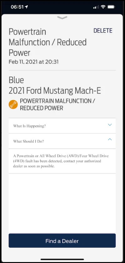 Ford Mustang Mach-E 'Powertrain Malfunction/Reduced Power' followed by 'Service Vehicle Soon' alert displayed 1613230583306