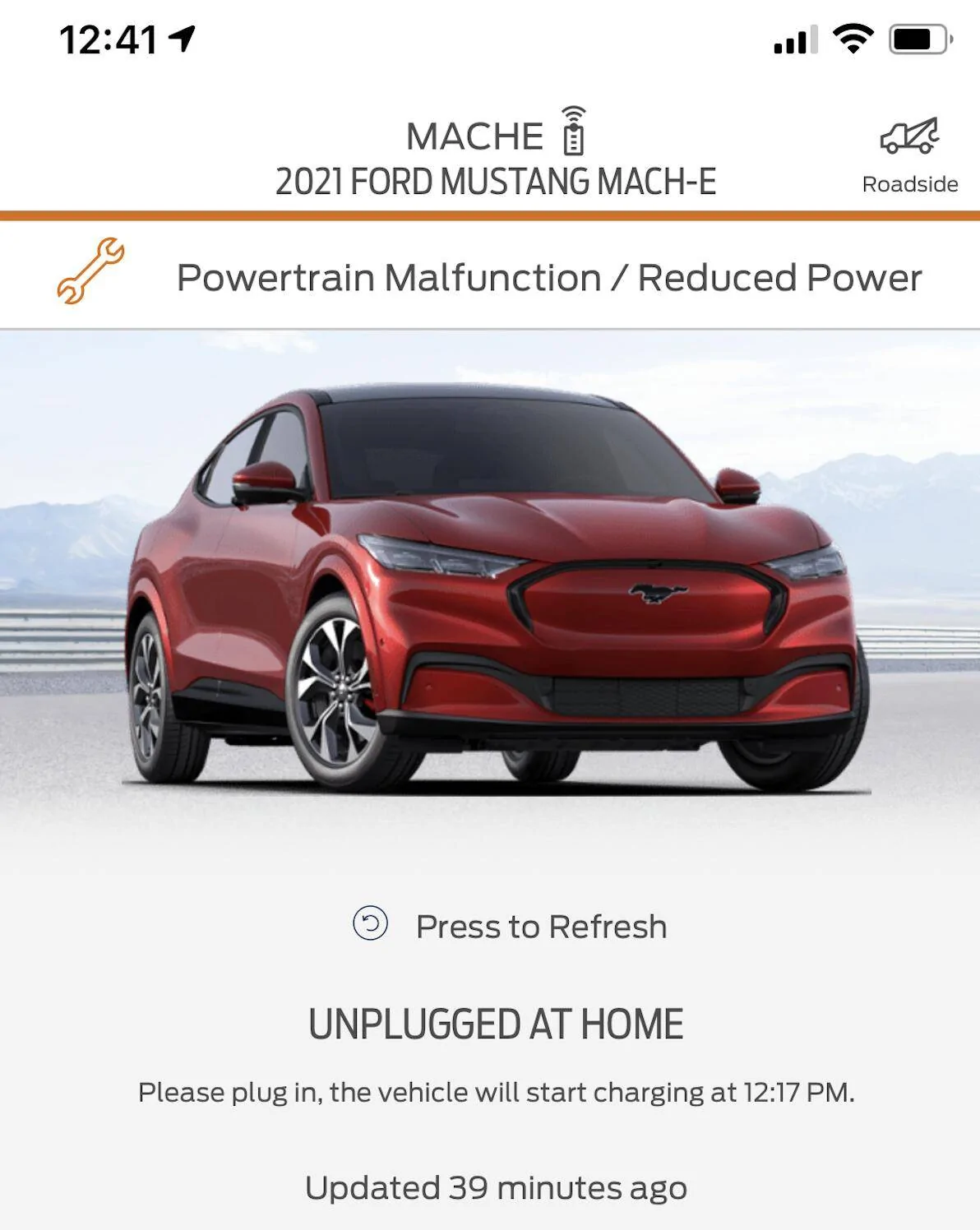 Ford Mustang Mach-E 'Powertrain Malfunction/Reduced Power' followed by 'Service Vehicle Soon' alert displayed Screen Shot 2021-02-13 at 12.42.14 PM