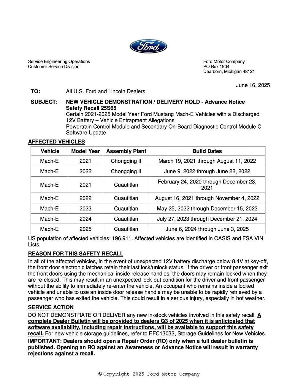 Ford Mustang Mach-E Recall #25S65 - 12V battery discharge may cause door lock-out (Vehicle Entrapment Allegations). Stop Sales issued by Ford 25S65 Recall