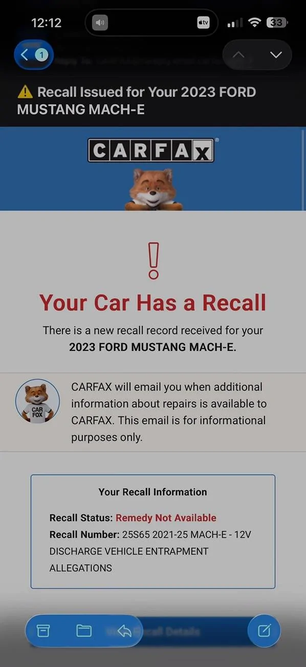 Ford Mustang Mach-E Recall #25S65 - 12V battery discharge may cause door lock-out (Vehicle Entrapment Allegations). Stop Sales issued by Ford IMG_0103