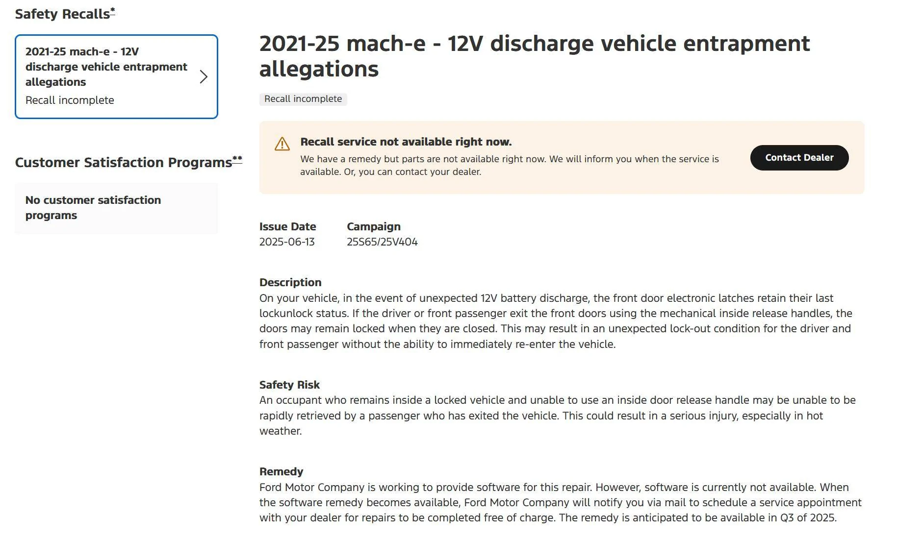Ford Mustang Mach-E Recall #25S65 - 12V battery discharge may cause door lock-out (Vehicle Entrapment Allegations). Stop Sales issued by Ford 1750220585931-k8