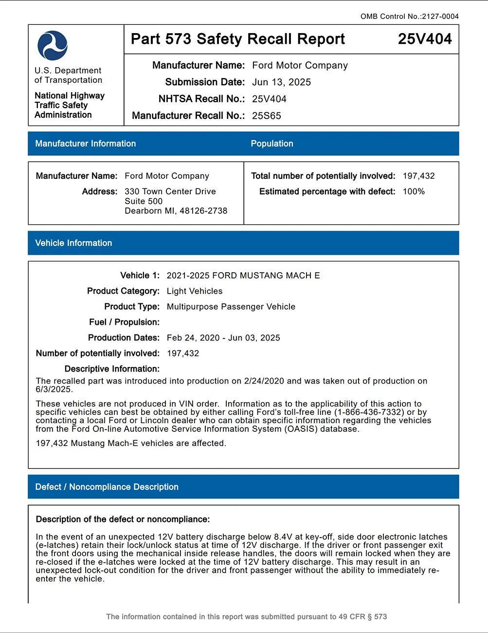 Ford Mustang Mach-E Recall #25S65 - 12V battery discharge may cause door lock-out (Vehicle Entrapment Allegations). Stop Sales issued by Ford 1750343785998-33