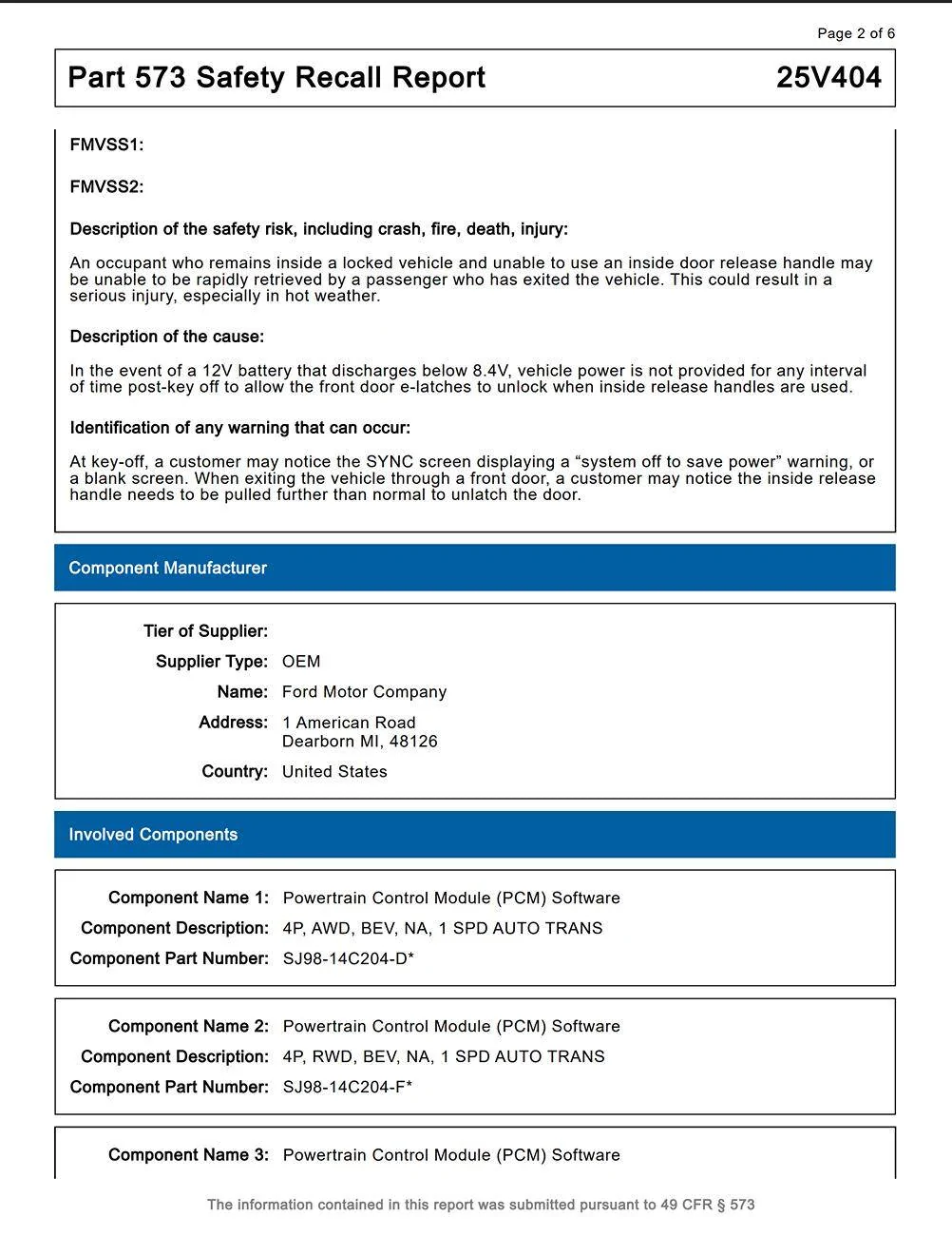 Ford Mustang Mach-E Recall #25S65 - 12V battery discharge may cause door lock-out (Vehicle Entrapment Allegations). Stop Sales issued by Ford 1750343797933-mf