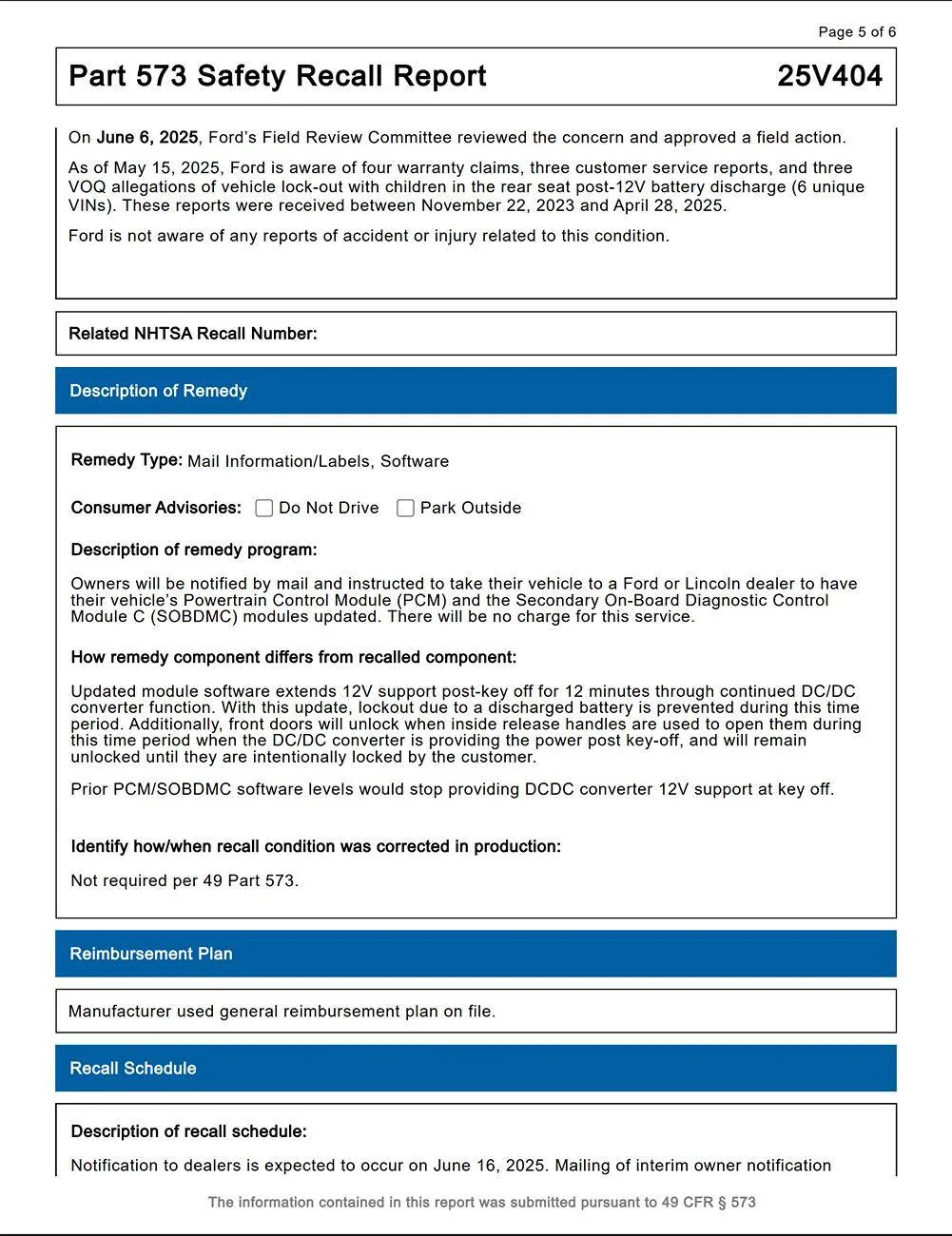 Ford Mustang Mach-E Recall #25S65 - 12V battery discharge may cause door lock-out (Vehicle Entrapment Allegations). Stop Sales issued by Ford 1750343859494-wz