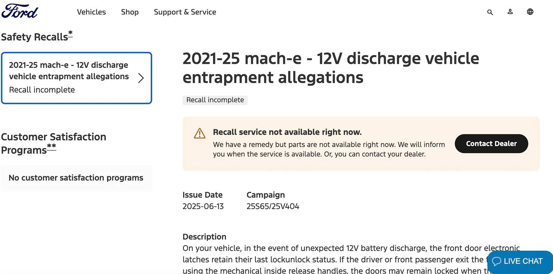 Ford Mustang Mach-E Recall #25S65 - 12V battery discharge may cause door lock-out (Vehicle Entrapment Allegations). Stop Sales issued by Ford Image 6-24-25 at 8.46 AM