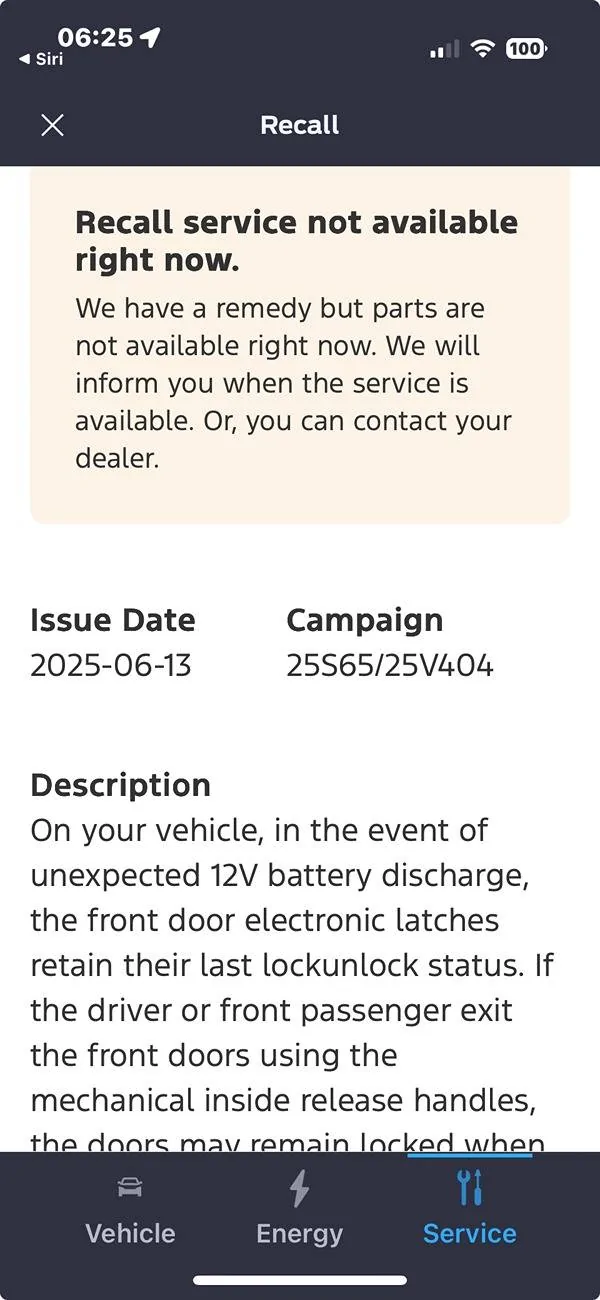 Ford Mustang Mach-E Recall #25S65 - 12V battery discharge may cause door lock-out (Vehicle Entrapment Allegations). Stop Sales issued by Ford Screenshot 2025-06-24 at 06.25.36