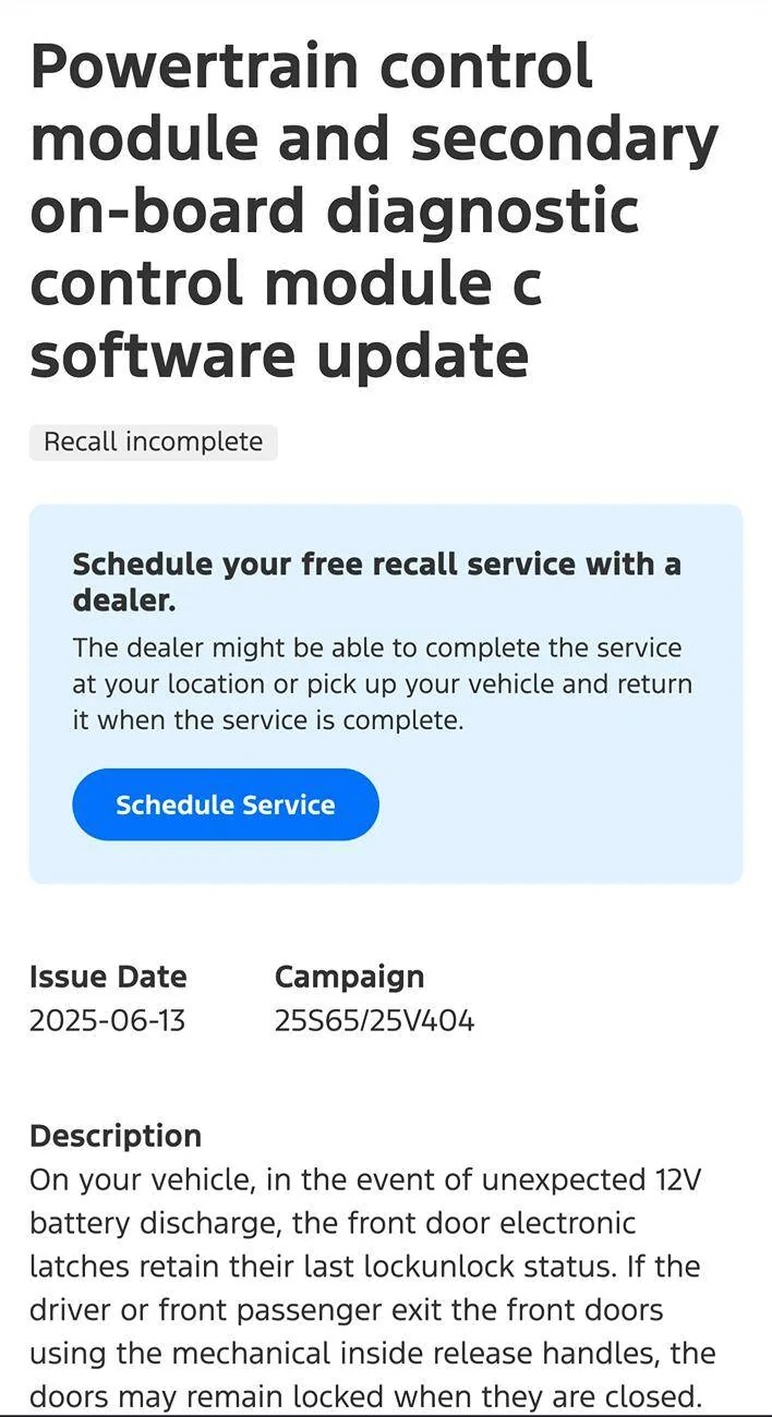 Ford Mustang Mach-E Recall #25S65 - 12V battery discharge may cause door lock-out (Vehicle Entrapment Allegations). Stop Sales issued by Ford 1000025901