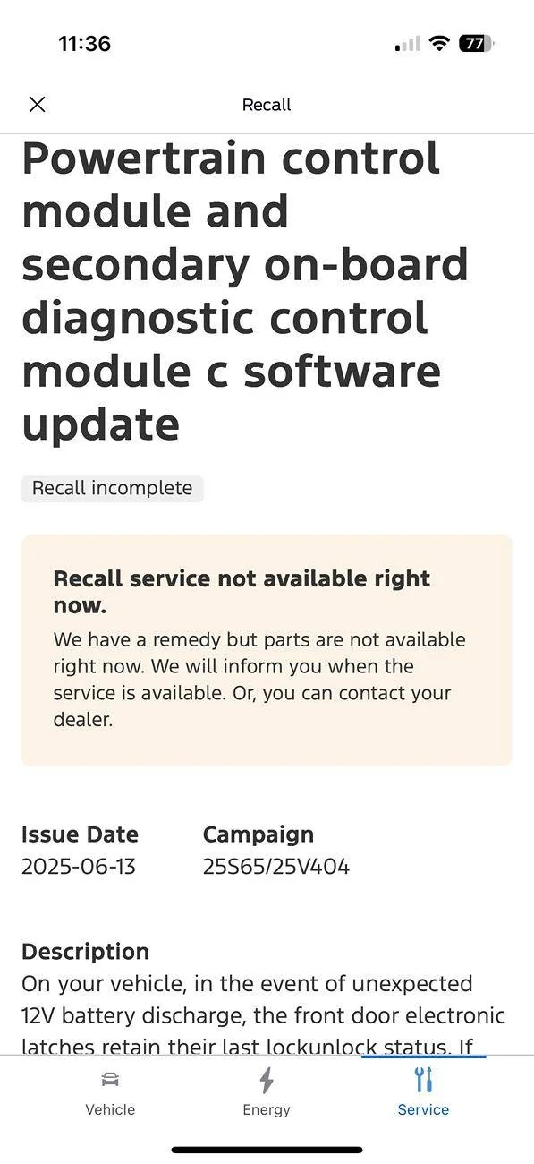 Ford Mustang Mach-E Recall #25S65 - 12V battery discharge may cause door lock-out (Vehicle Entrapment Allegations). Stop Sales issued by Ford IMG_5396