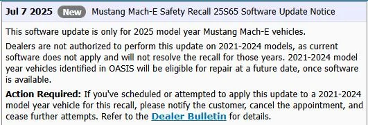 Ford Mustang Mach-E Recall #25S65 - 12V battery discharge may cause door lock-out (Vehicle Entrapment Allegations). Stop Sales issued by Ford no_25S65