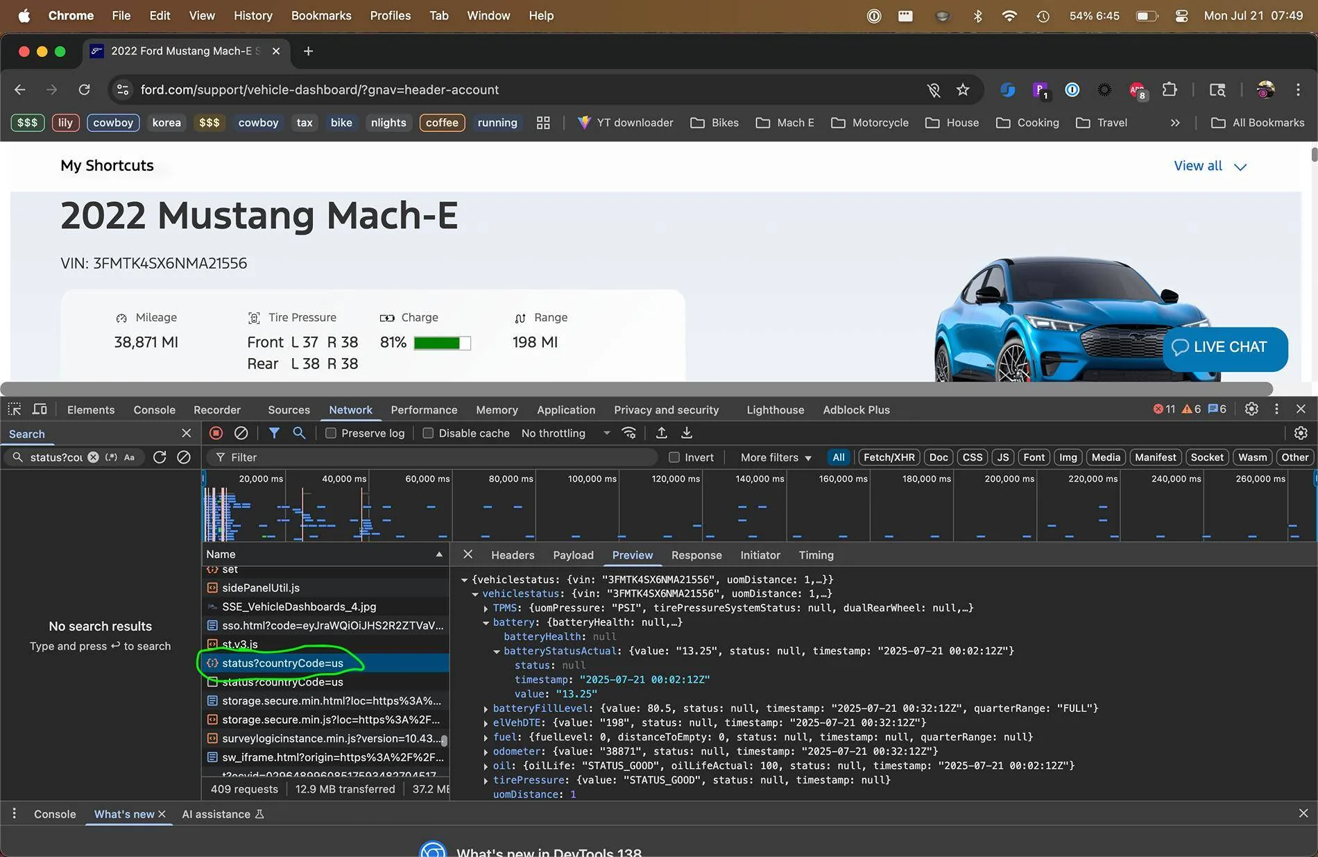 Ford Mustang Mach-E Checking LVB SOC at Ford.com but Screenshot 2025-07-21 at 07.49.32