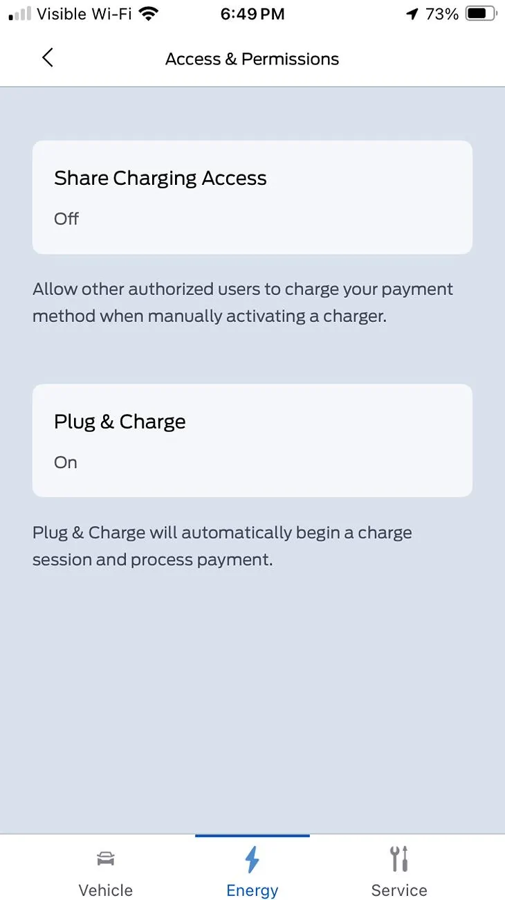 Ford Mustang Mach-E Plug & Charge in app - no slider to turn off (iOS) 20250722_004950412_iOS