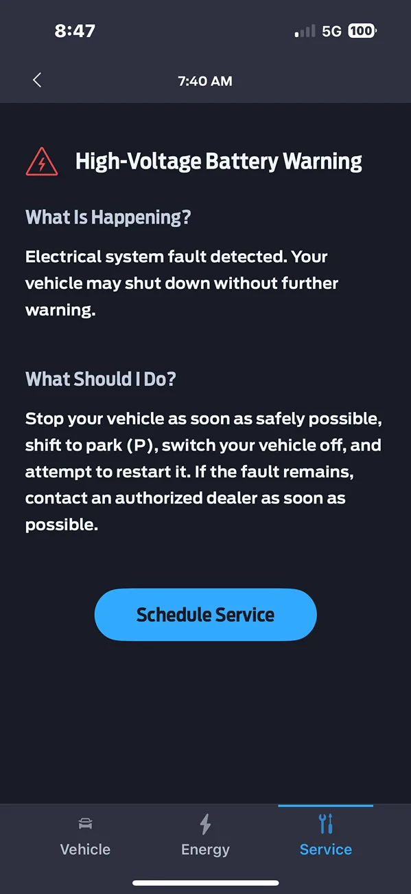 Mustang Mach E High Voltage Battery Warning