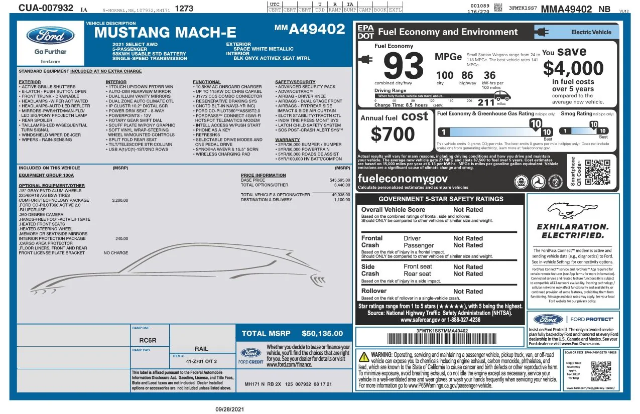Ford Mustang Mach-E ***SOLD*** For Sale: 2021 Mach-E Select - Great Condition, 35, 250 miles 2021-10-09 Mach E Select Window Sticker JPG