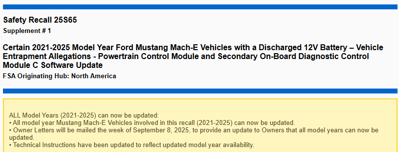 Ford Mustang Mach-E 12V Recall (25S65) Software Released 25S65_Su