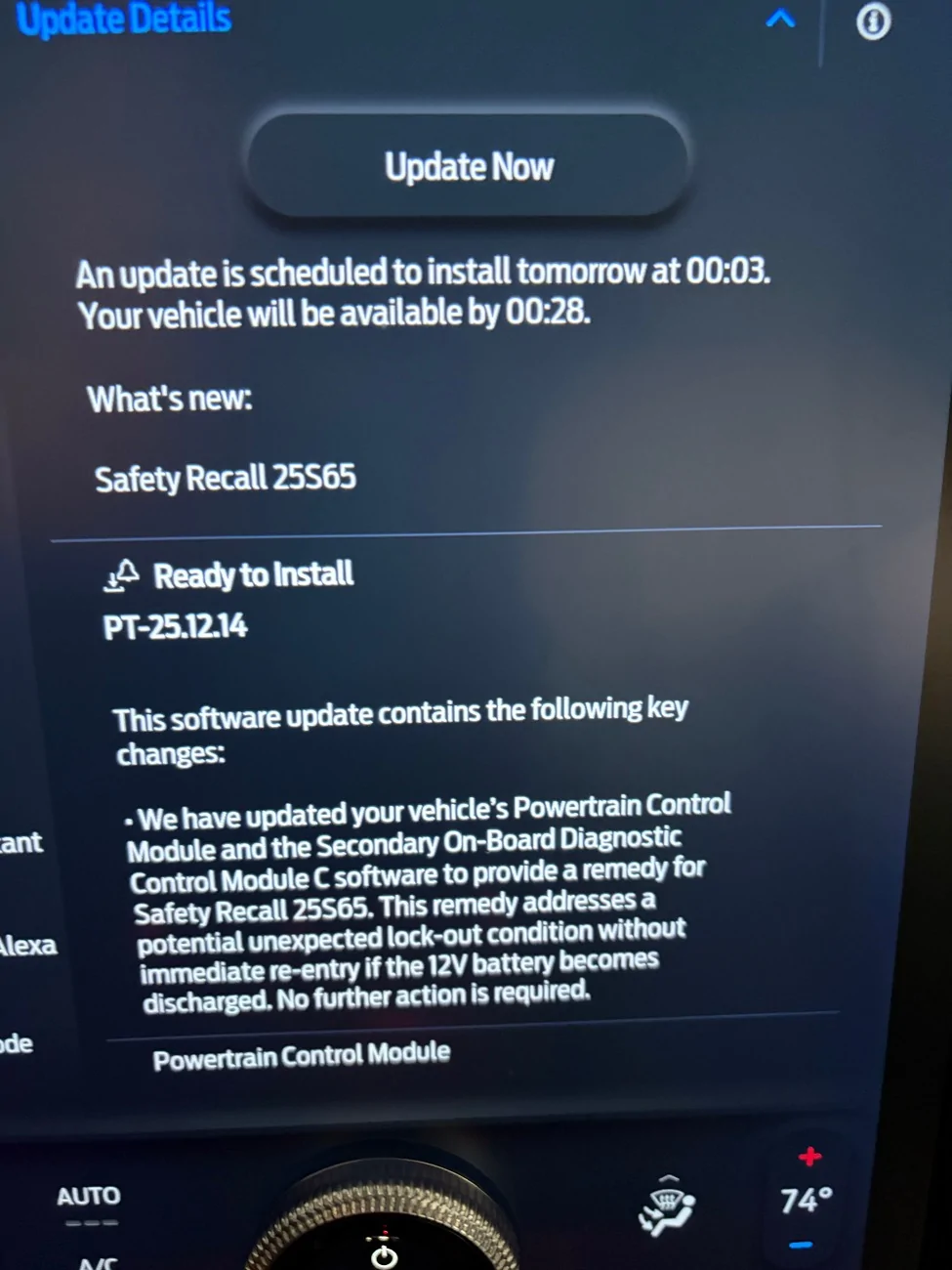 Ford Mustang Mach-E Received OTA Update PT-25.13.4 - Addresses safety recall? Ford 12V