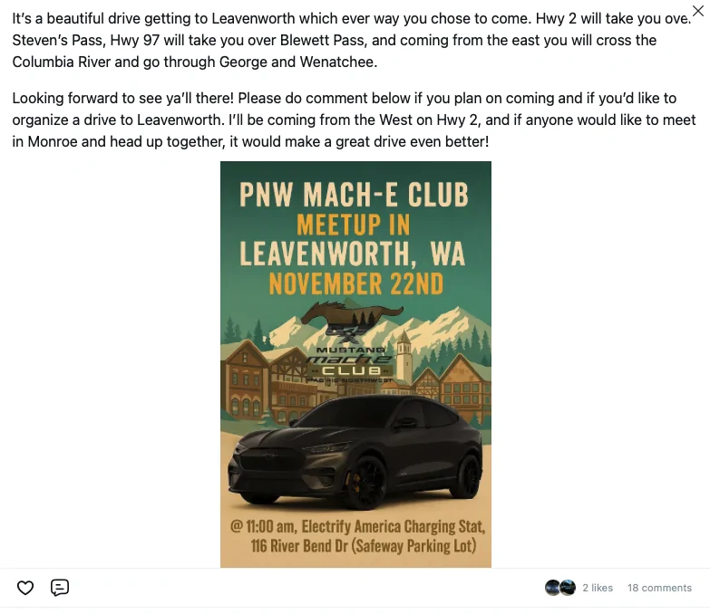 Ford Mustang Mach-E Mach-E club Meetup in Leavenworth, WA. November 22. Screenshot 2025-11-12 at 11.28.22 AM