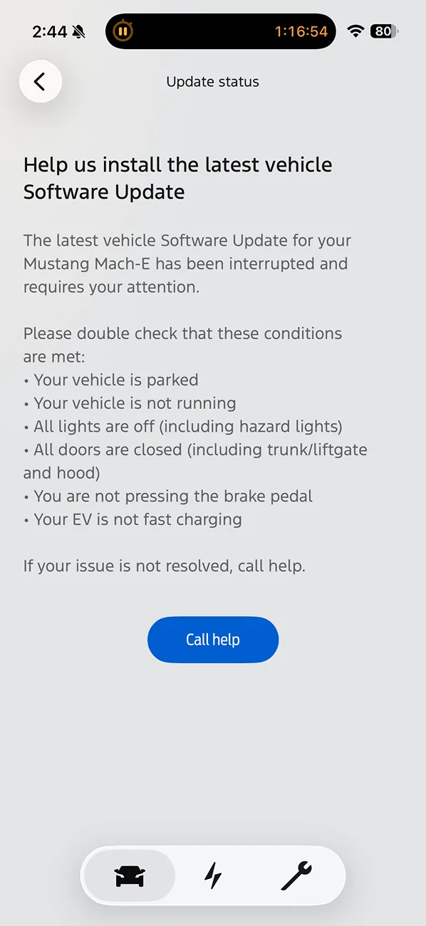 Ford Mustang Mach-E Unable to install PT-25.12.14 due to 'battery too low'.  Any tricks? IMG_5639