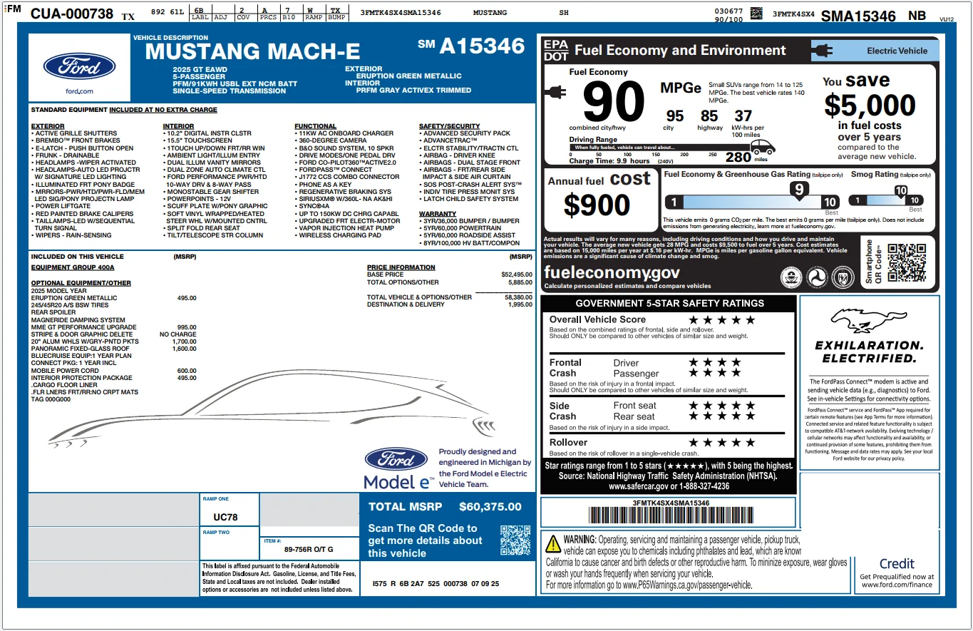 Ford Mustang Mach-E RESOLVED: Undisclosed paint issues on a (barely) used 2025 GT AWD 3FMTK4SX4SMA15346_windowSticker