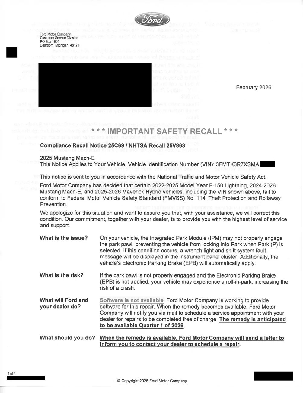 Ford Mustang Mach-E Recalls 25C69 and 25C71 - time sensitive? img20260207_18561631