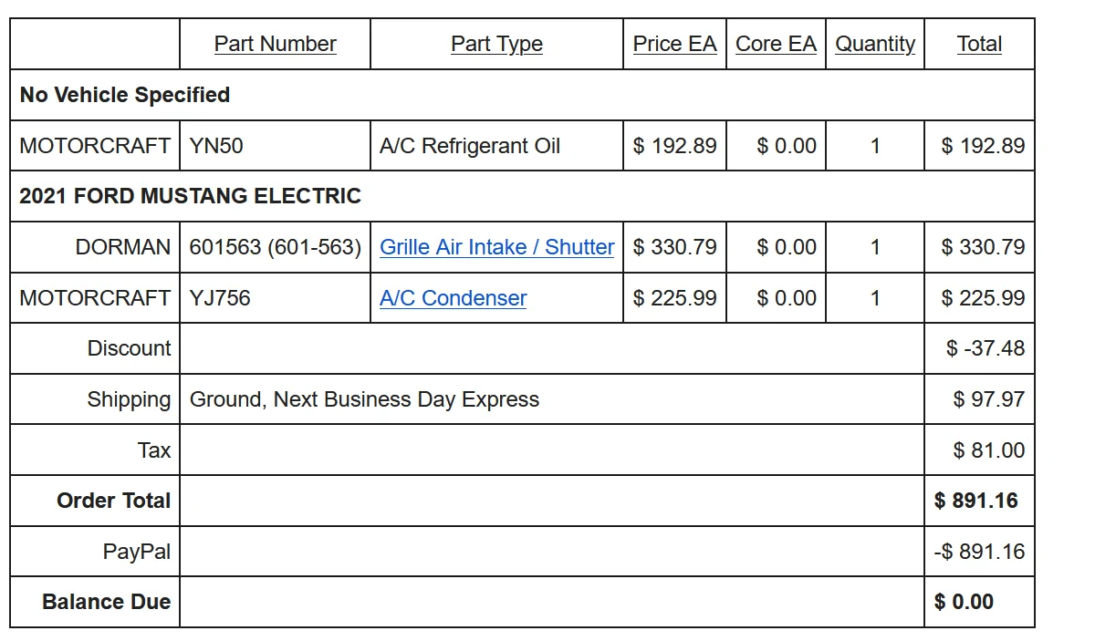 Ford Mustang Mach-E Condenser Replacement experience invoic