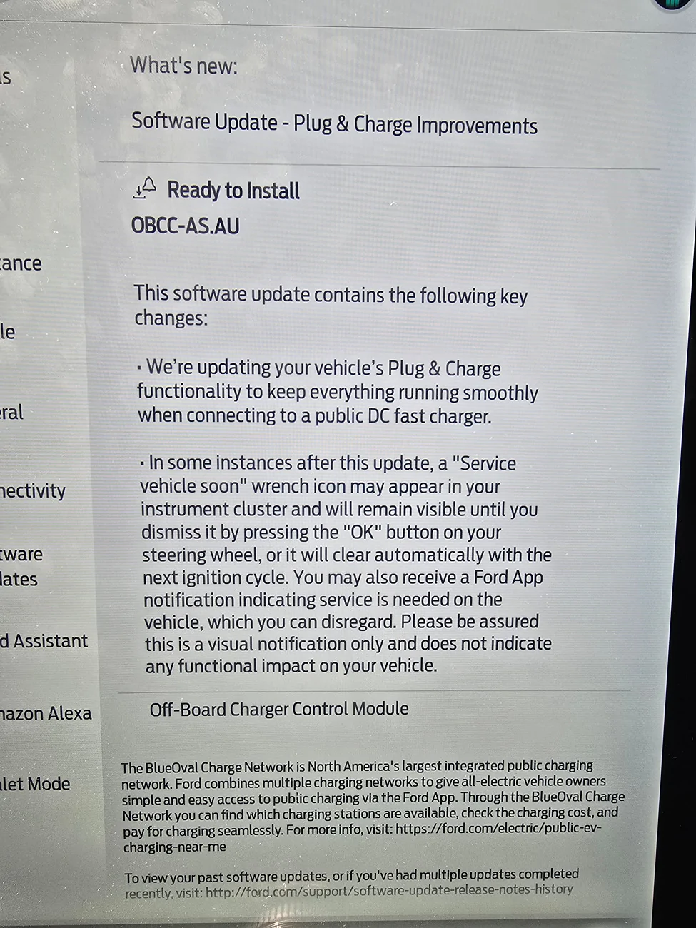 Ford Mustang Mach-E Just received software update OBCC-AS.AU 7160