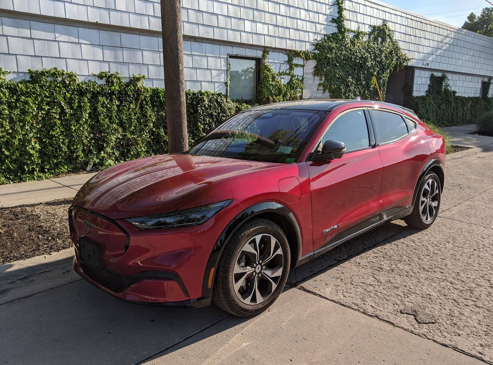 Ford Mustang Mach-E Ruby Red EX Mach-E (White interior) in the wild-revealed mache 35 front angle