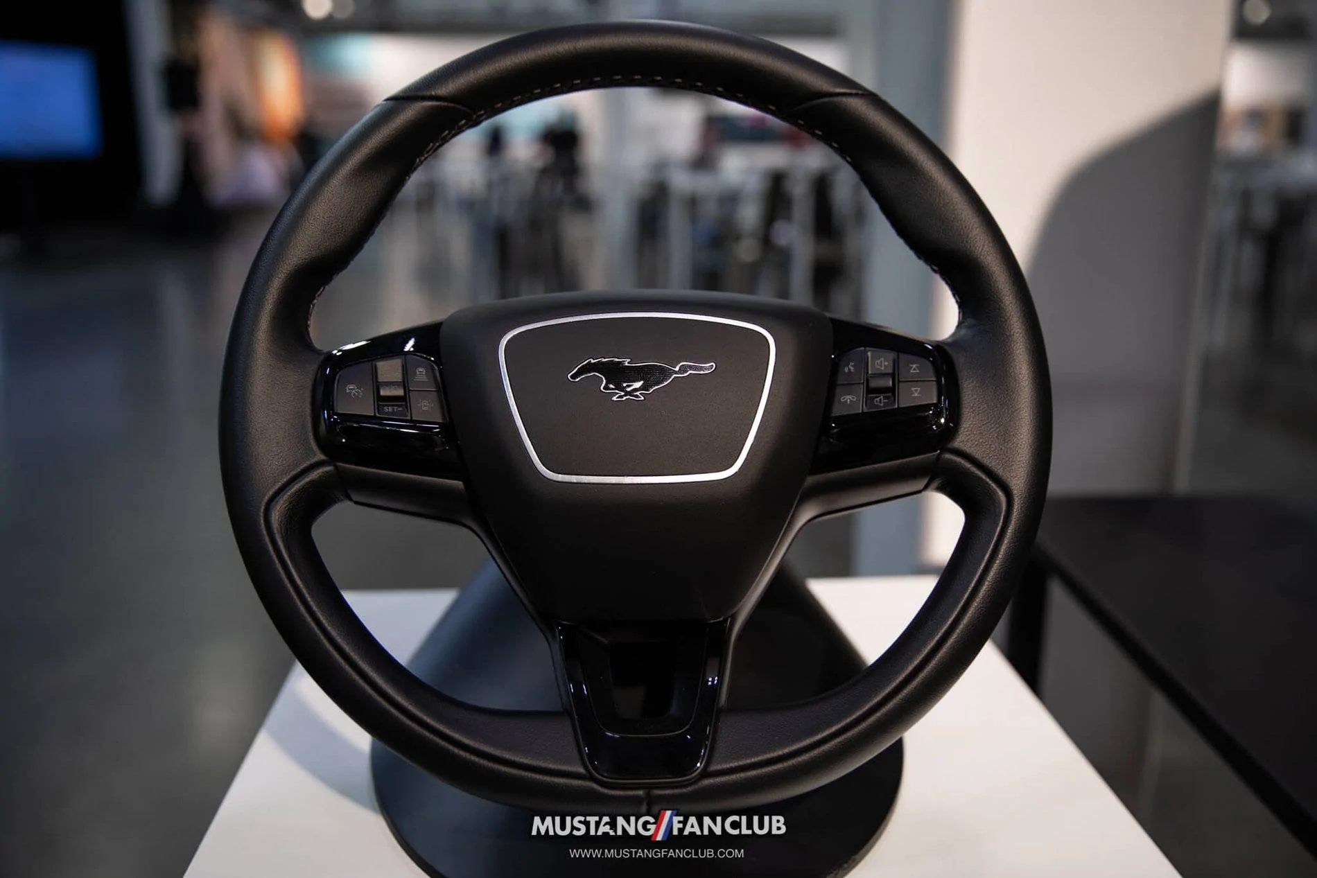 Ford Mustang Mach-E Closeup Looks at Mach-E Factory Wheels Options, Seats, Stitching, Cabin Environment 2021 Mustang Mach-E Steering Wheel Closeu